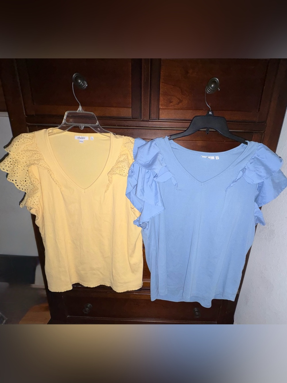 Chico's Ruffle Sleeve V-Neck Tops in Yellow and Light Blue
